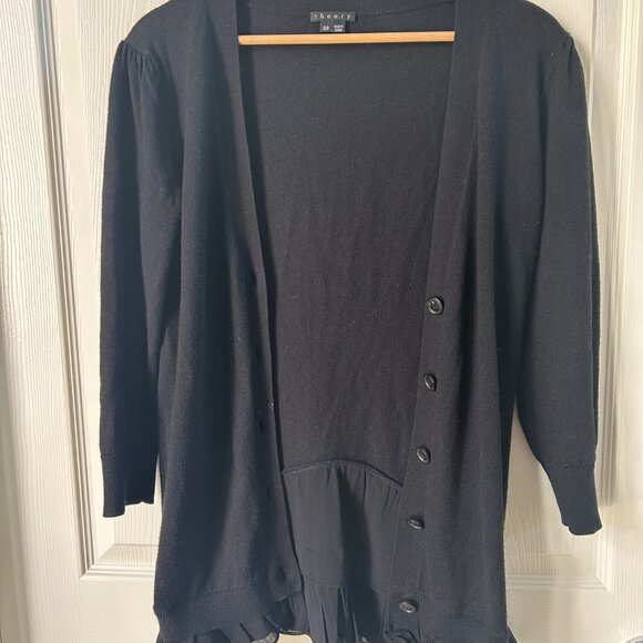 Theory Cardigan Cashmere Blend Black Button Down Ruffled Hem Sweater SZSP - Picture 7 of 9